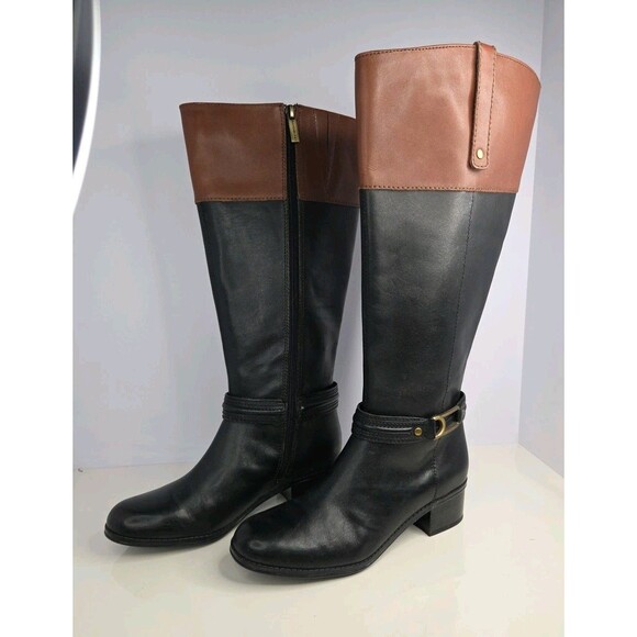 Bandolini Black Leather Riding Boots Zip Closure Brown Leather Accents Sz 7 M - Picture 2 of 15